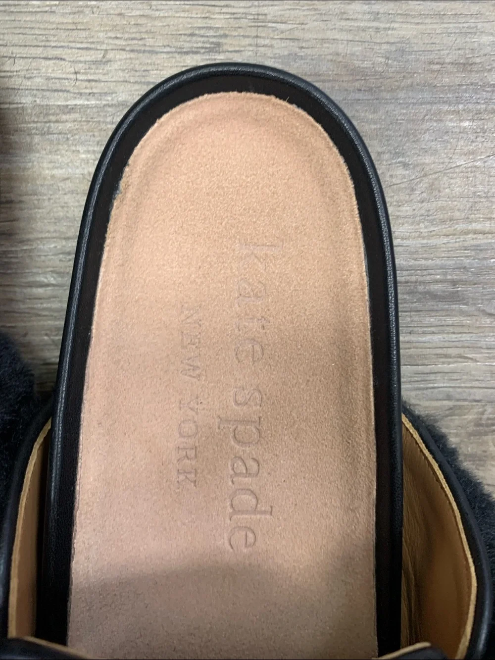 kate spade Black Faux Fur Slip-On Mules with Rhinestone Buckles Size 7